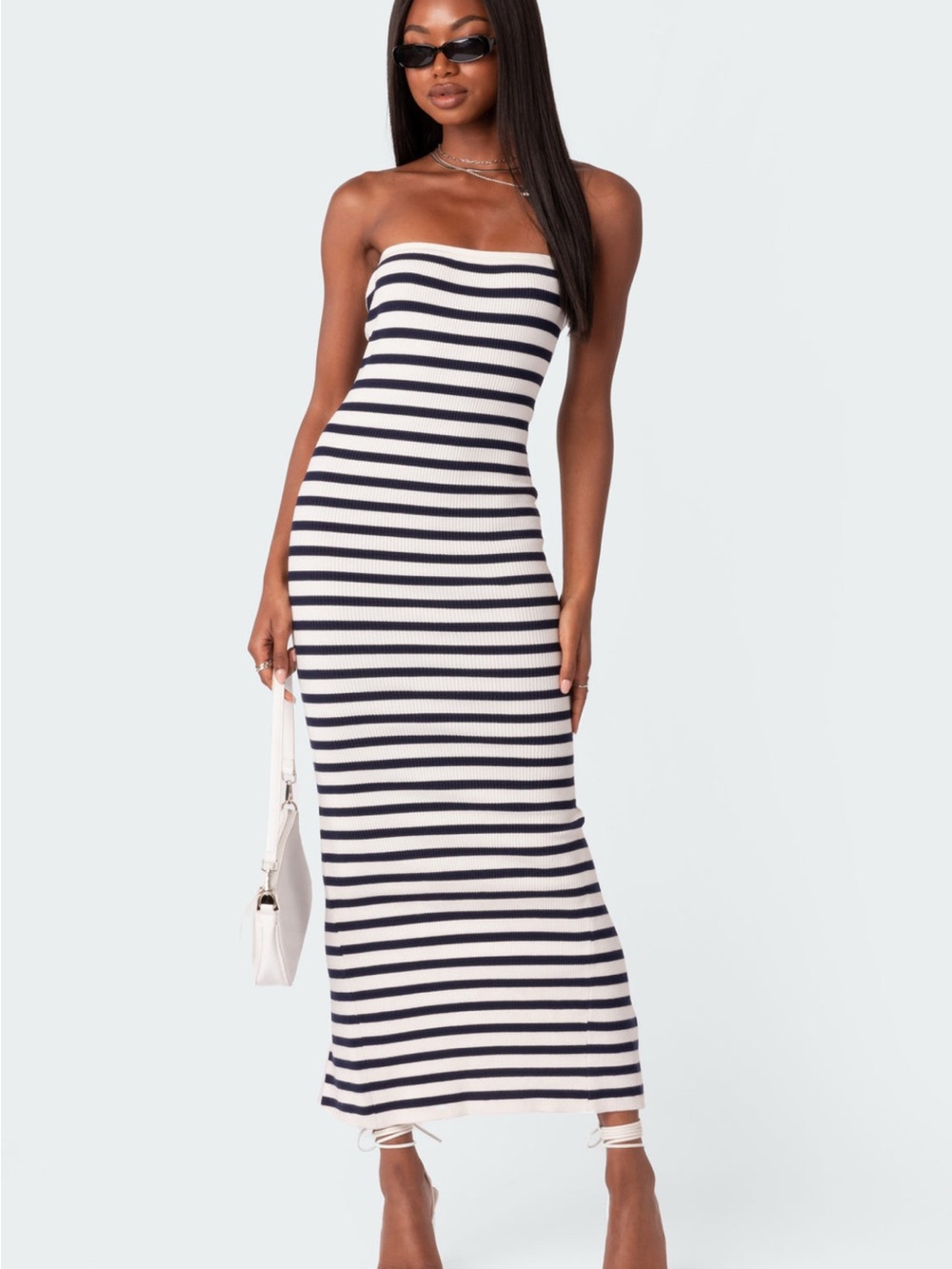 Edikted Strapless Navy & White Striped Knit Maxi Dress
